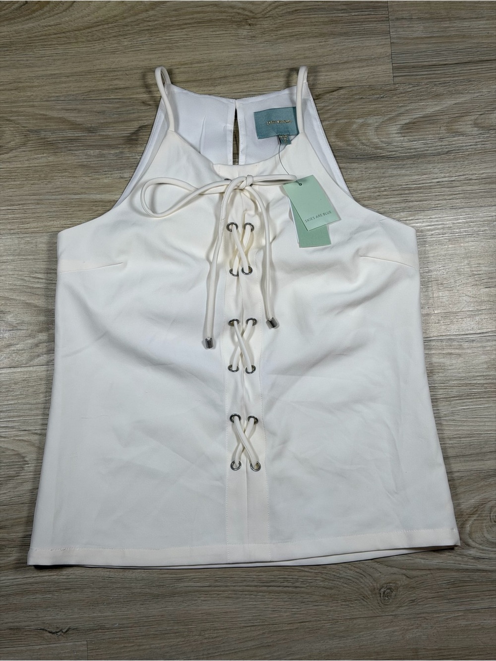 NEW Skies Are Blue Off White Grommet Lace Up Tank Top Boho Feminine Coquette